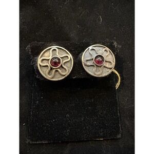 Vintage Sterling Silver red garnet round post earrings Estate jewelry Marked